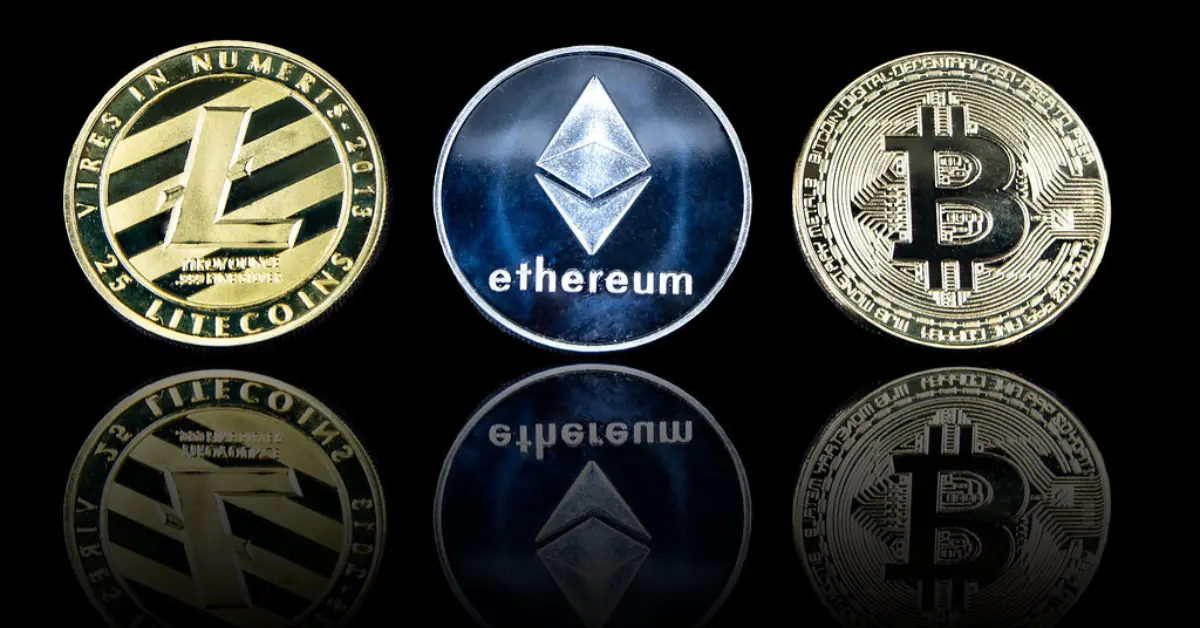 Digital illustrations depicting three cryptocurrencies: Litecoin, Ethereum, and Bitcoin.