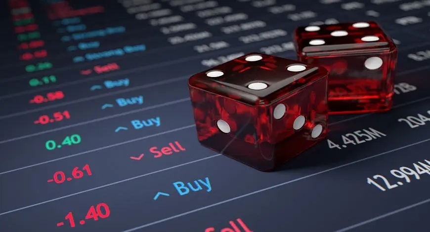 An image of a forex market watch with two dice on top of it