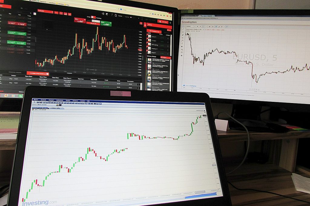 An image of three trading devices showing charts for analysis