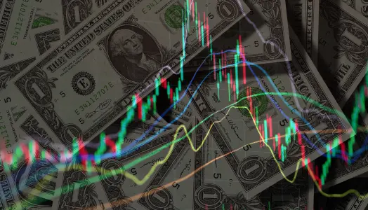 An image of 100 USD bill overlayed by a Japanese Candlestick chart to represent the impact of USD to forex trading