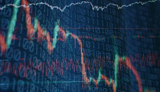 Image of a fluctuating candlestick chart overlayed on a set of binary codes 