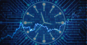 A graphic of a futuristic clock overlayed on a trading chart to represent the best time to trade forex