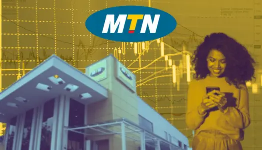 Image of MTN Headquarters, MTN logo, and MTN shareholder buying stocks, and MTN share price increasing