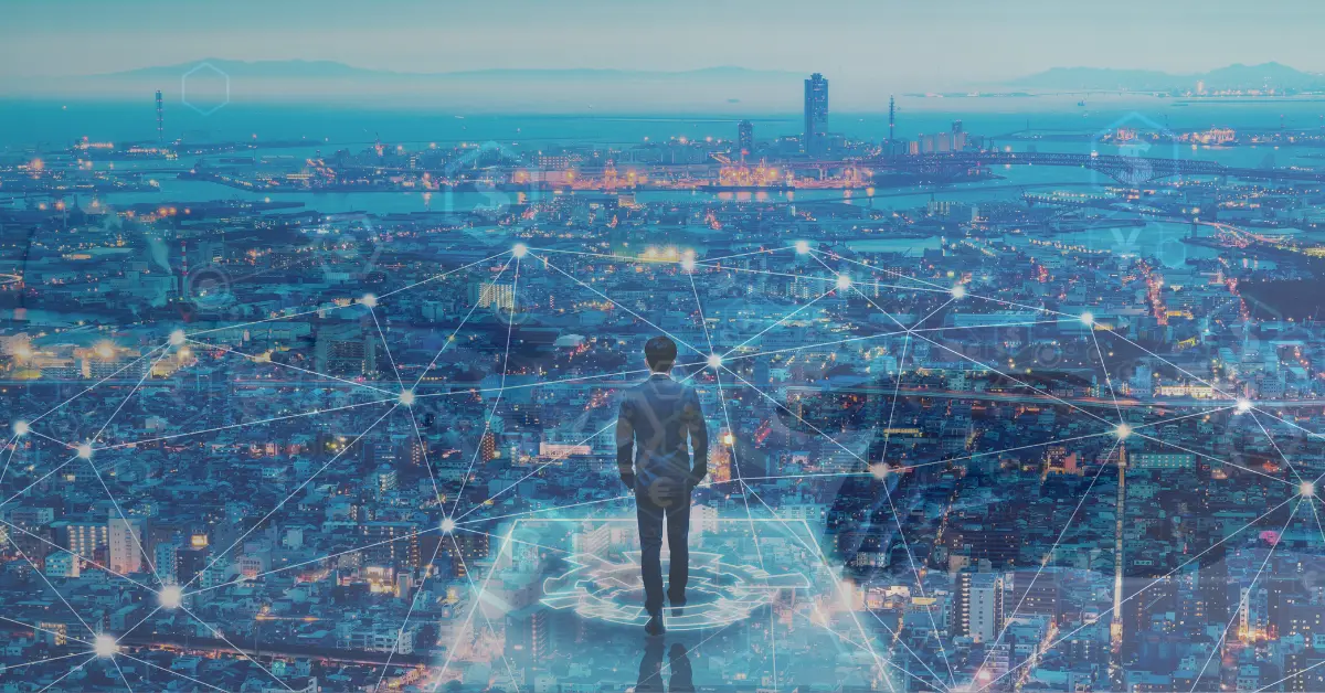 An image of a person looking at a futuristic city on top of a building with trading chart and a robot hand to represent the future of online trading