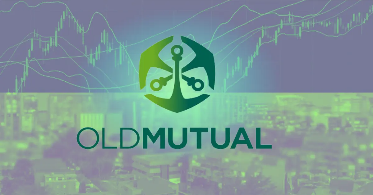 Image of Old Mutual logo and Old Mutual share price on top of Johannesburg skyline