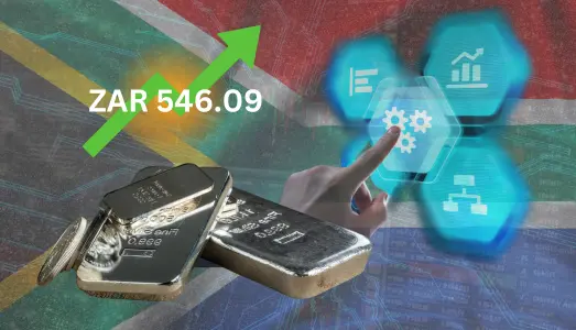 Image of silver bullions, and silver price in South Africa 2024, layered on top of South African Flag