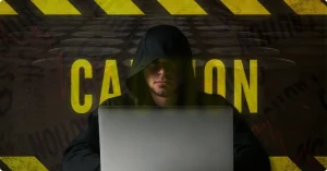 An image of a suspicious-looking person with crude oil and CAUTION text on the background to represent the Petron-Pay Ponzi scheme