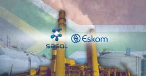 Image of Sasol and Eskom logo on top of South Africa flag