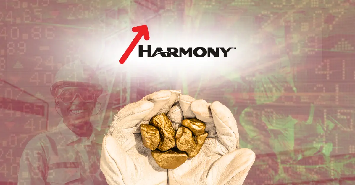 Image of Harmony Gold Mining logo, hand holding gold, and harmony gold share price