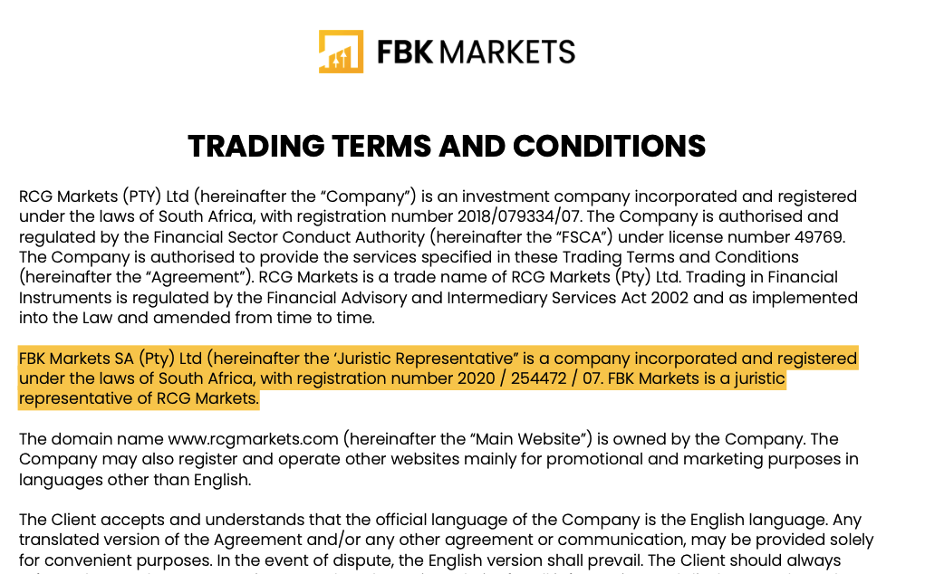 A screenshot of previous archived terms and conditions of FBK Markets showing its affiliation with RCG Markets