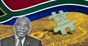 An image of SA President Cyril Ramaphosa and the South African flag next to a puzzle piece of the South African economy