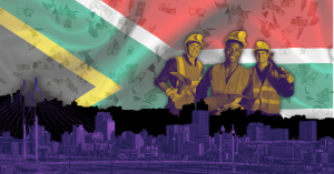 Image of South Africa Mining Industry on top of flag and Johanssburg skyline