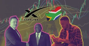 Image of Musk and Ramaphosa shaking hands with Starlink logo and South Africa flag