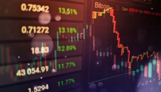 A graphic with a candlestick chart and a charting platform representing forex trading