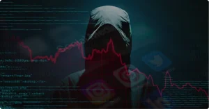 An image of a suspicious person overlayed on trading chart and social media icons to represent how fraud brokers use social media to scam traders