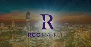 A logo of RCG Markets overlayed on South Africa's business hub and trading chart