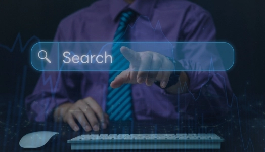 A graphic representing a trader searching information online