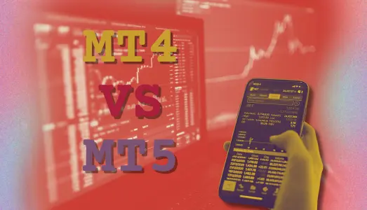 Image of MT4 vs MT5 and a phone with the platform displaying