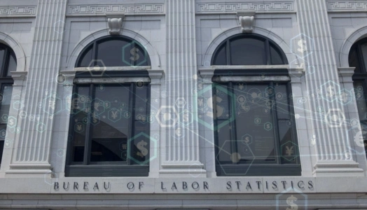 The building of Bureau of Labor Statistics overlayed with a forex trading graphic