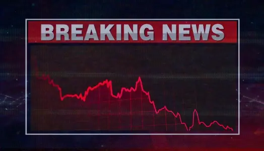 A breaking news graphic with a red or declining financial market