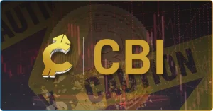 A logo of CBI Global (Crypto-based Innovation Global) overlayed on a bitcoin graphic, financial trading chart, and a caution tape.