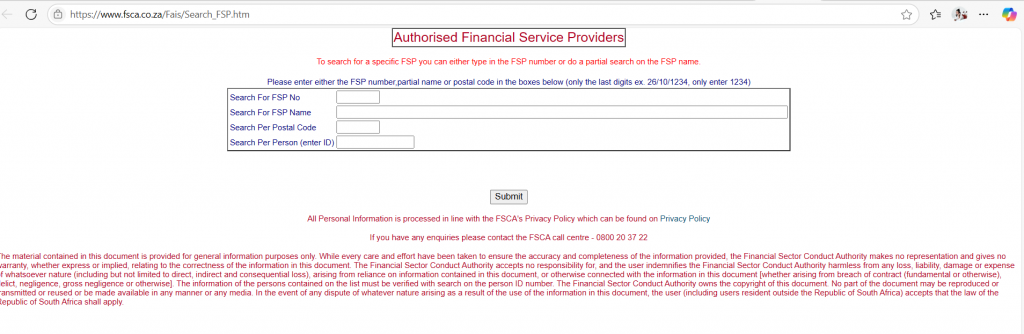An image showing the Financial Services Providers (FSPs) interface where traders can check the license number and other information of a certain broker. 