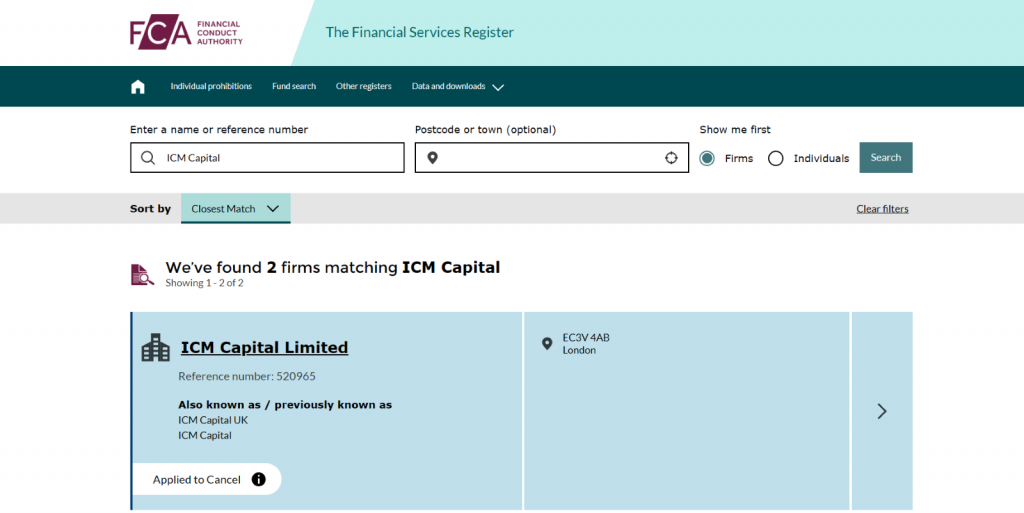 An image of FCA official register with ICM capital on the search bar.