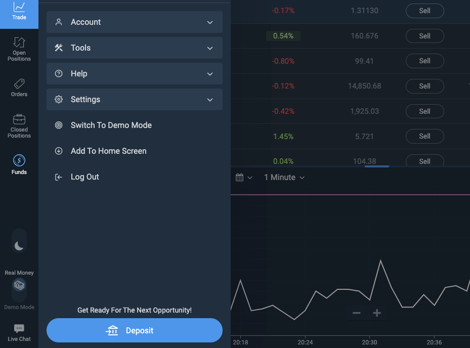 an image showing Plus500’s demo trading account