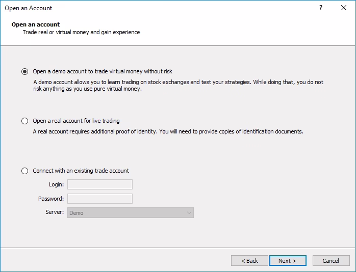 image of the registration page to choose whether to create a demo or live account, from the official MetaTrader 5 website.