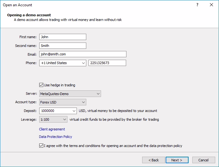 image of the registration page when creating a live account on MetaTrader 5, sourced from the official MetaTrader 5 platform.