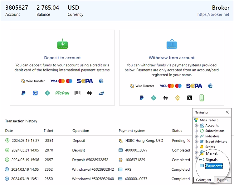 Image of MetaTrader 5 payments and account balance page from the official MetaTrader 5 website.