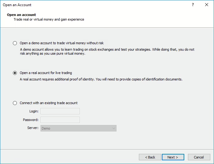 image of the registration page to choose whether to create a demo or live account, from the official MetaTrader 5 website.