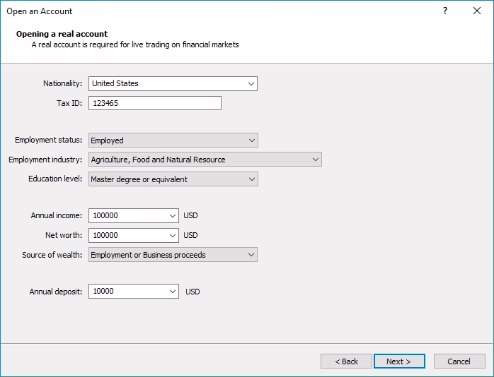 image of employment details page when creating a live account on MetaTrader 5, from the official MetaTrader 5 website.