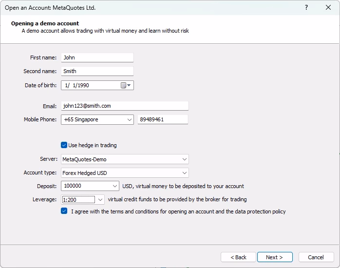 image of the account details for MetaTrader 5