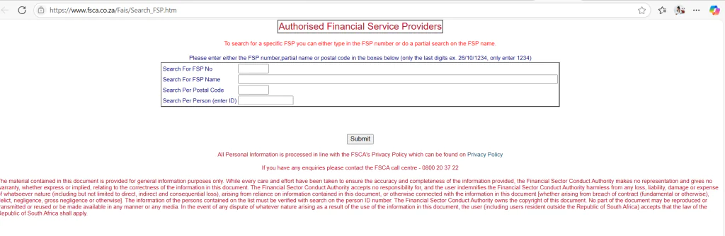 The Role and Impact of South African Financial Supervisors: Understanding FSCA, SARB, and the Twin Peaks Model 2 FSCA FSP License Lookup Interface